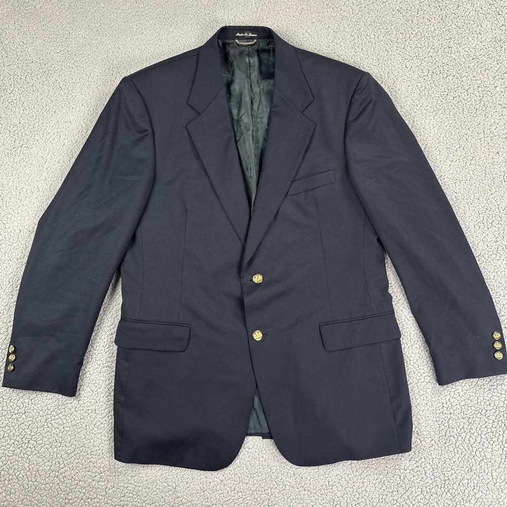 Stafford Executive Blazer Men 44L Navy Blue Gold Button Wool Sport Coat